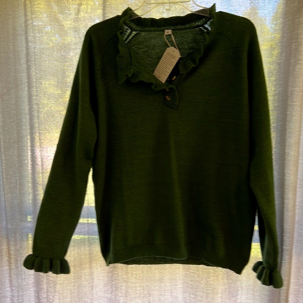 Ruffle neckline and sleeves.